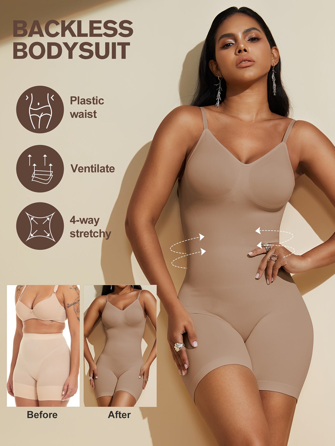 Cuerpo moldeador sin costuras con espalda abierta para adelgazar y levantar, control de abdomen y realce de glúteos, bodysuit