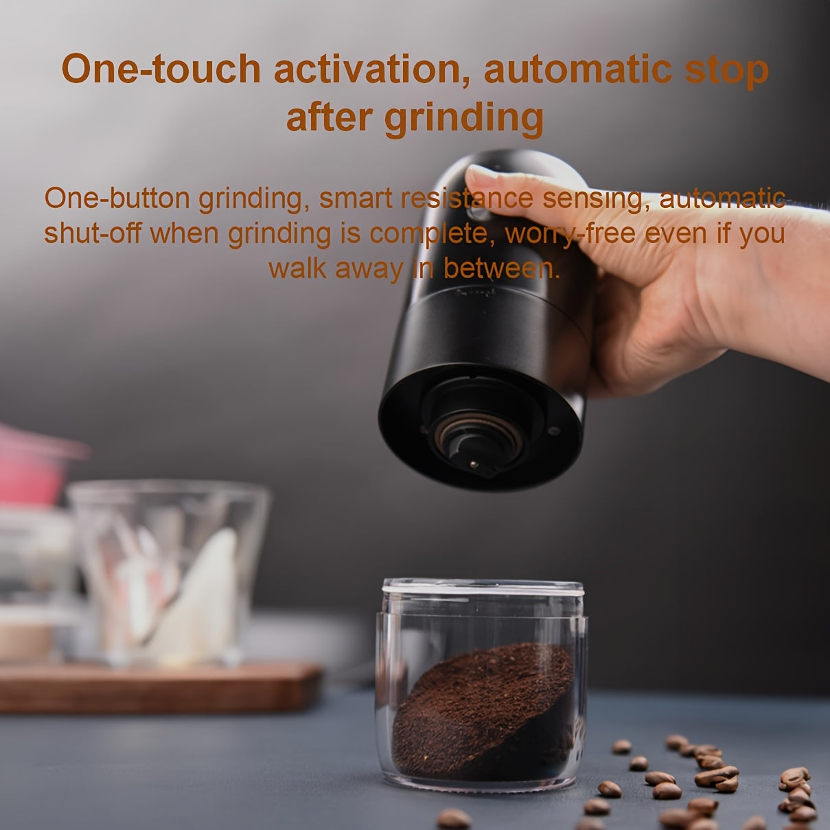 Compact coffee mill with USB charging, adjustable coarseness for grinding coffee, beans, spices for home office travel