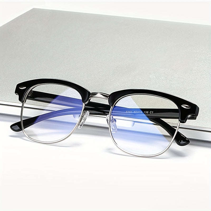 Gafas unisex de medio armazón negro con bloqueo de luz azul toque dorado retro