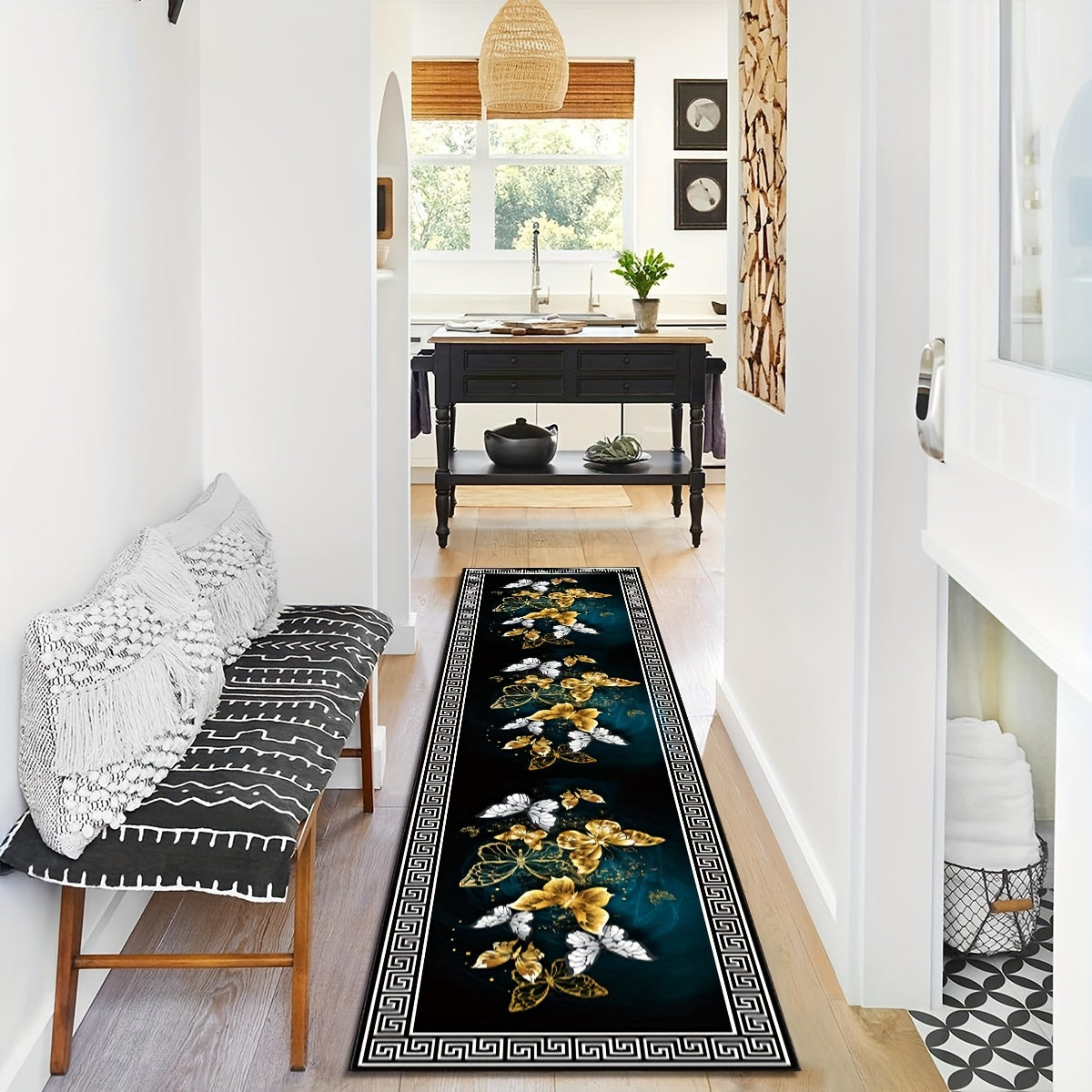 Qora va oltin rangli kapalak naqshli yugurish mato, sirgʻalmas, mashina yuviladigan, 49.99x79.98 sm