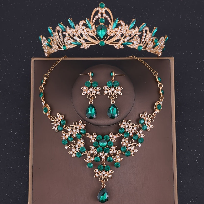 Elegant Wedding Jewelry Set with Crown Necklace and Earrings Green Rhinestones Bridal Accessories for Women