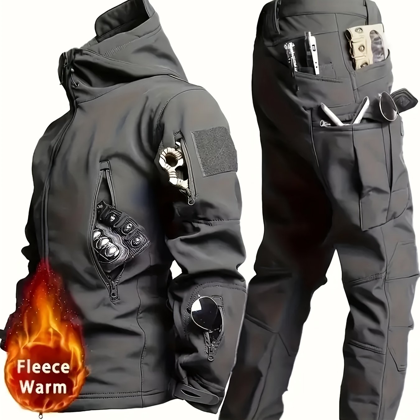 Couples Outdoor Shark Skin Soft Shell Jacket Set Windproof Breathable Hooded for Hiking Cycling Training