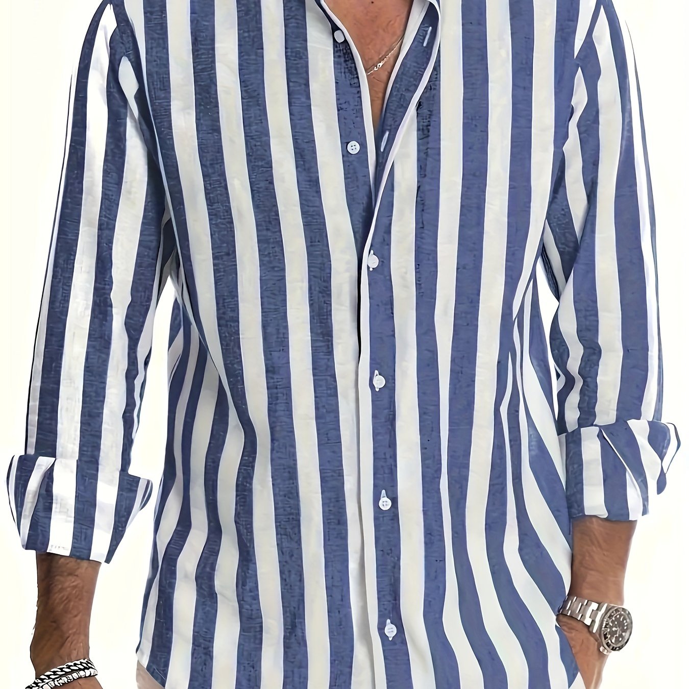 Men's Cotton Linen Striped Long Sleeve Shirt Casual White Brown for Beach Vacation and Date Night