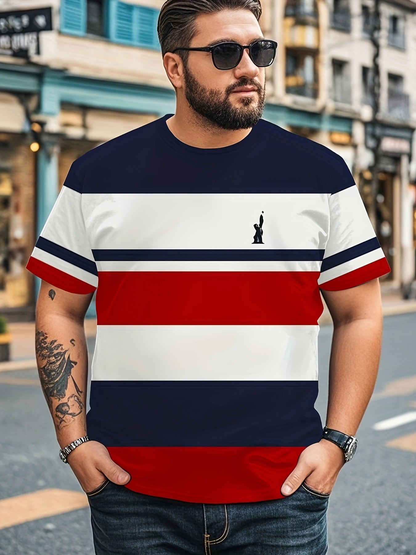 Men's Large Casual Sports T-Shirt Polyester Spandex Digital Stripe Print