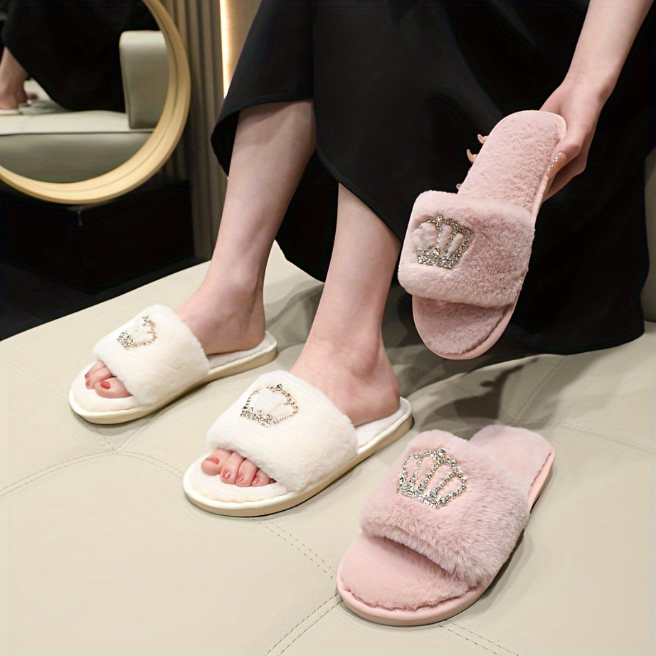 Women's Fuzzy Slippers Rhinestone Crown Indoor Non-slip Cozy Shoes