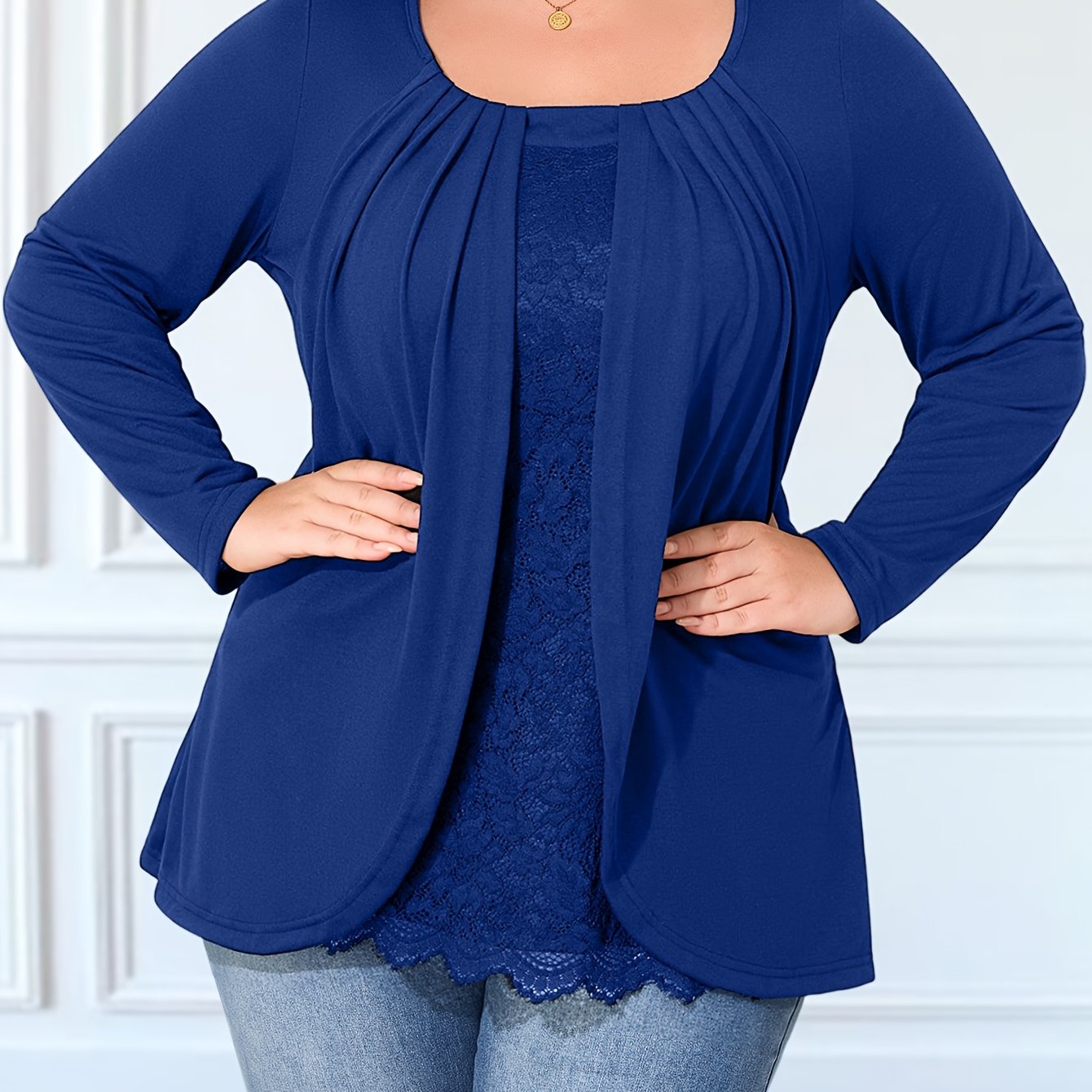 Plus Size Women's Lace Trim Pleated Long Sleeve T-Shirt Casual Summer Opaque