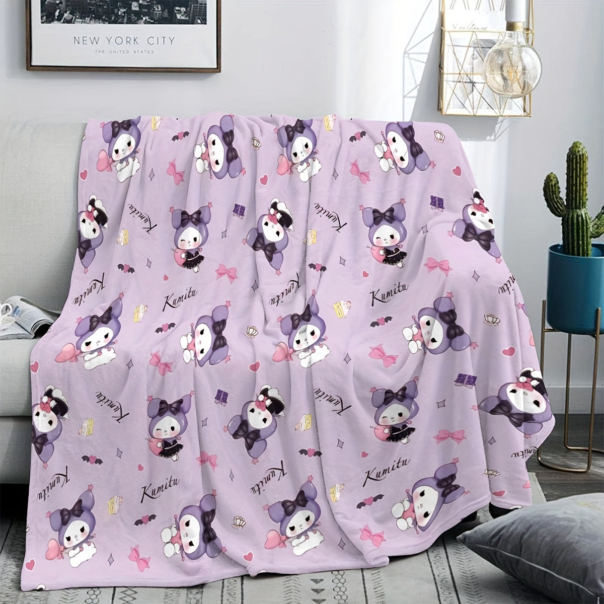 Kawaii Kuromi Flannel Throw Blanket Anime Digital Print Cozy Lightweight Polyester for Living Room Bedroom Office