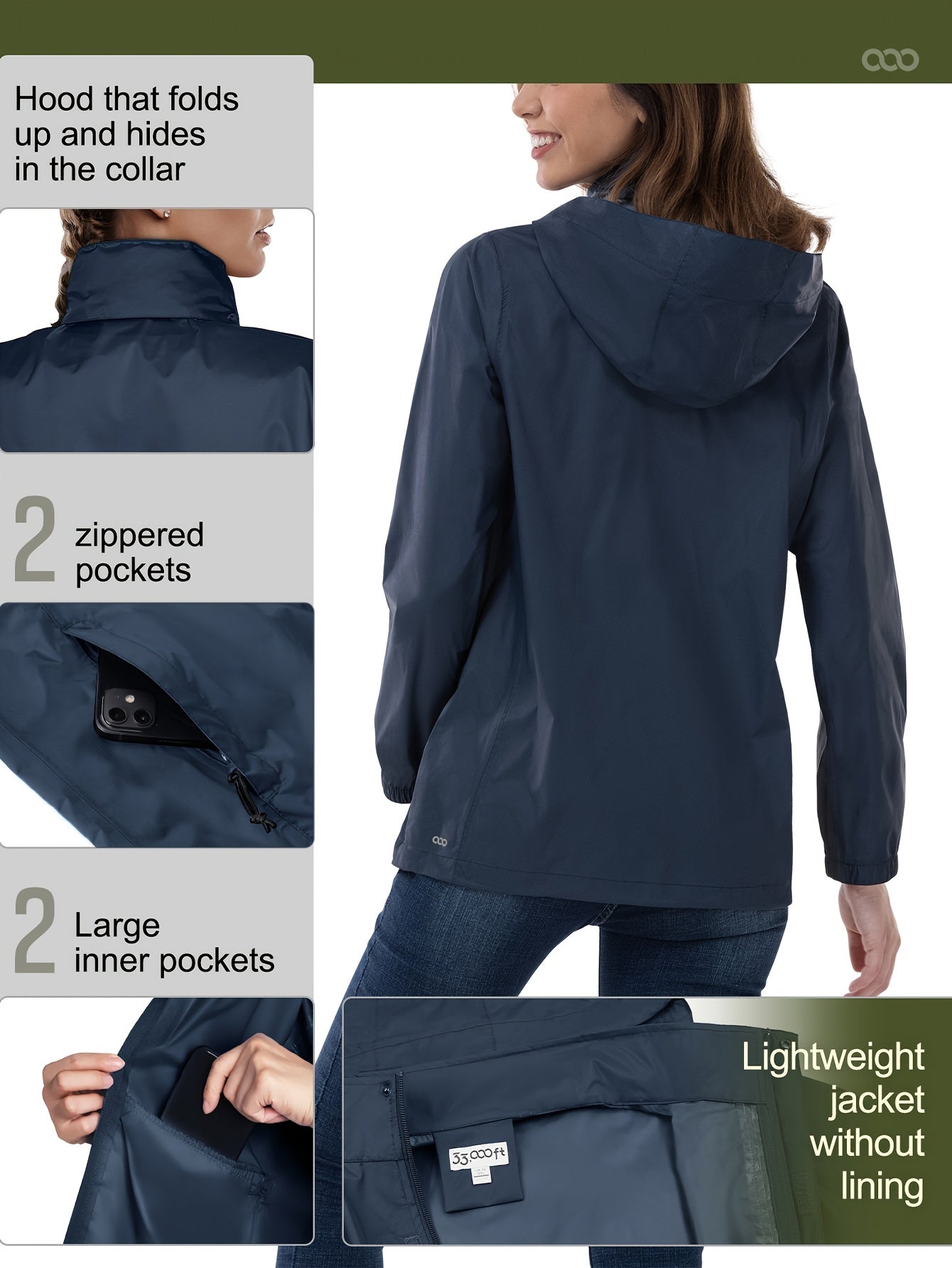 Women’s Lightweight Windbreaker Jacket with Hood, Zipper Pockets, Navy Blue, Plus Size
