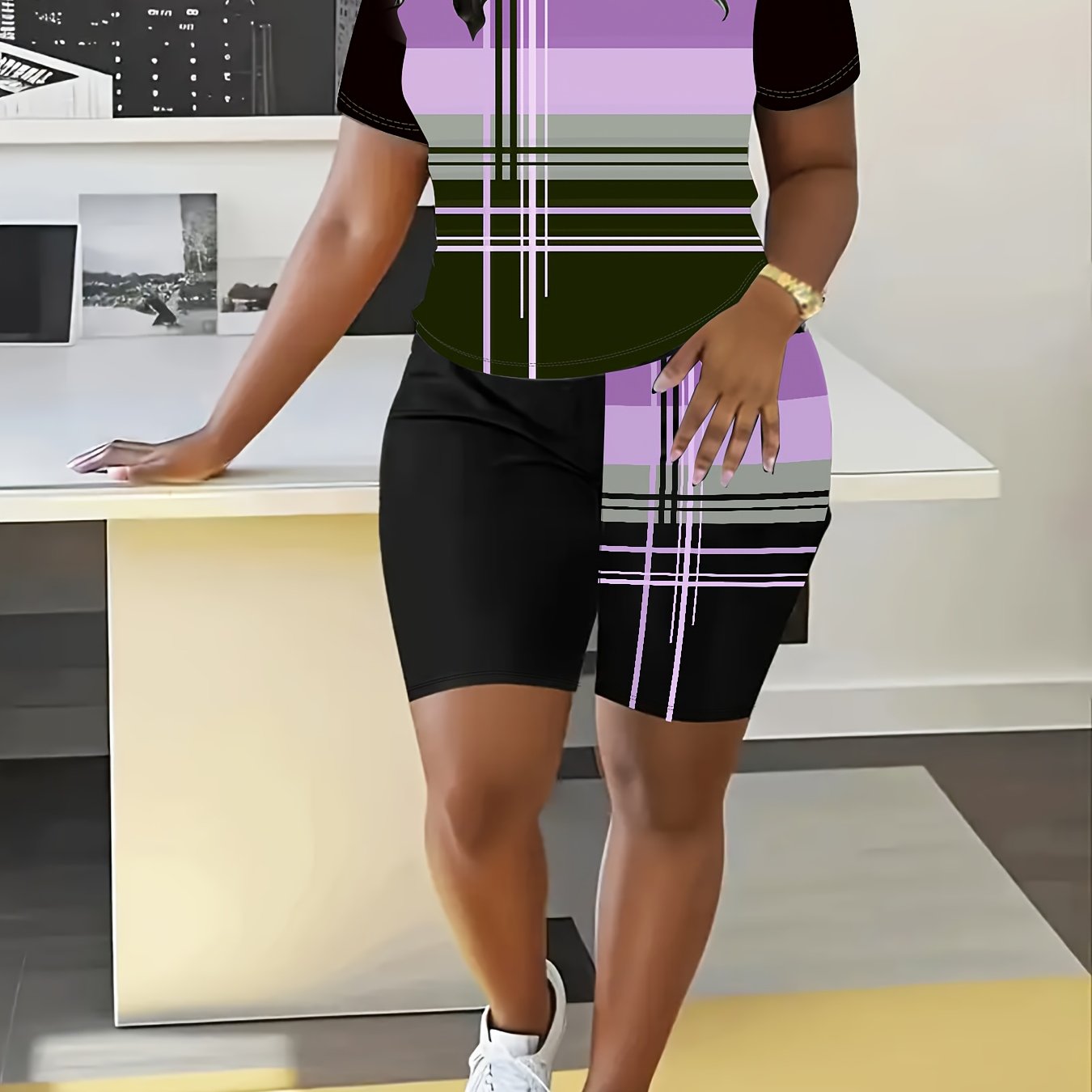 Plus Size Geometric Print Sports Outfit Cropped Top High-Waisted Shorts