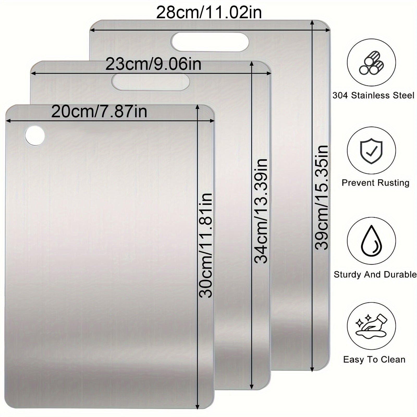 Set of 3 Stainless Steel Cutting Boards Non-Slip Double-Sided Kitchen Mats