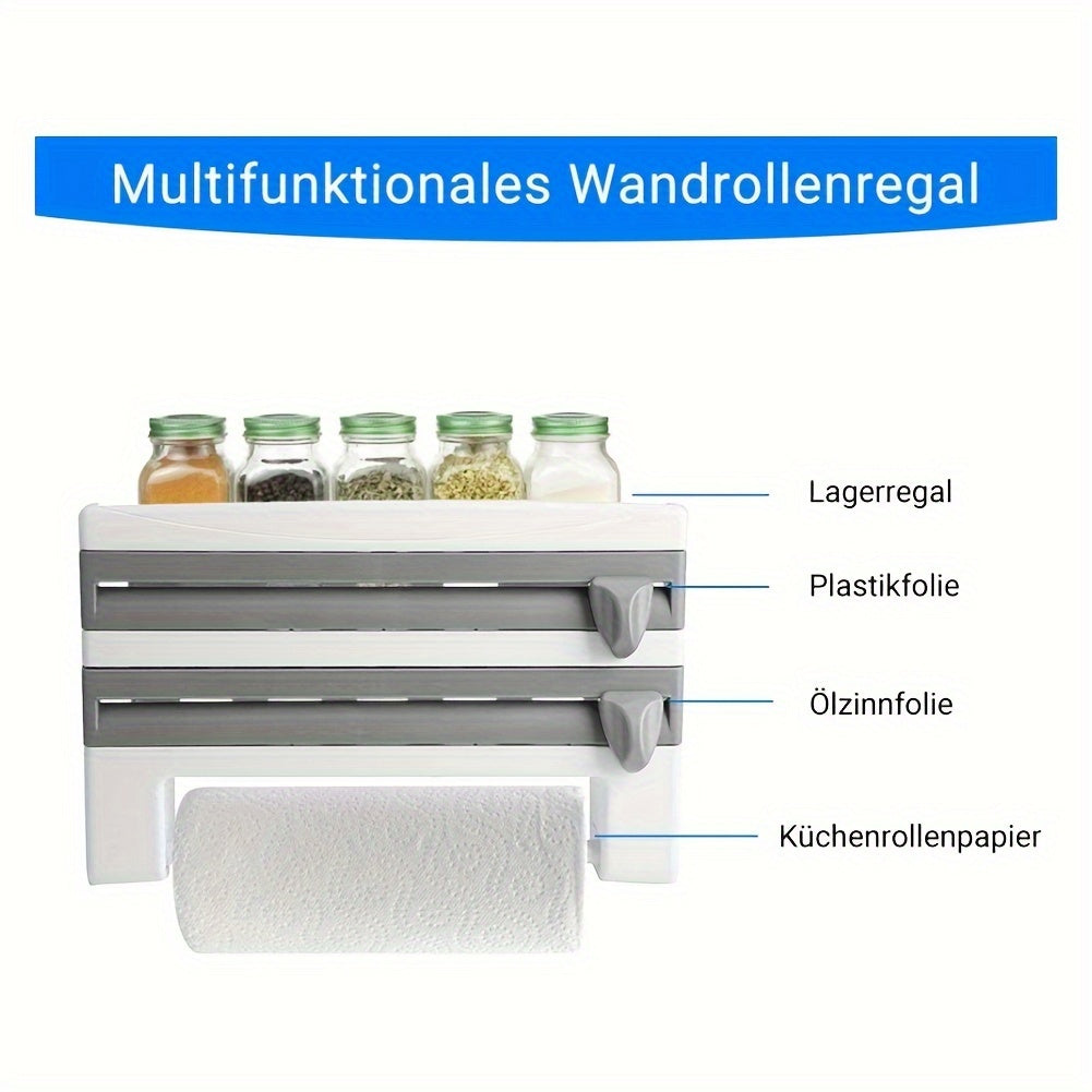 Estante de almacenamiento de cocina de pared con cortador incorporado y soporte para toallas de papel