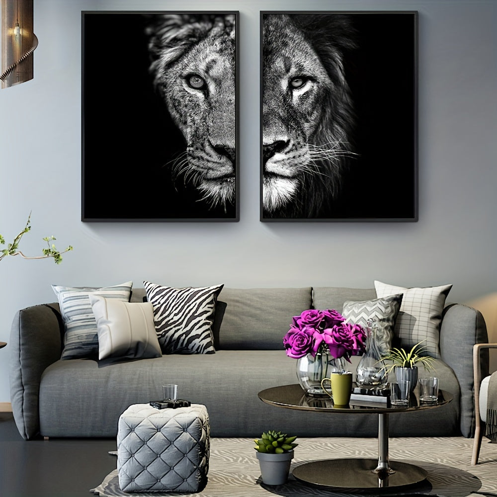 African Lion Wall Poster Set Frameless Canvas Art Black and White 15.7x23.6 Inches