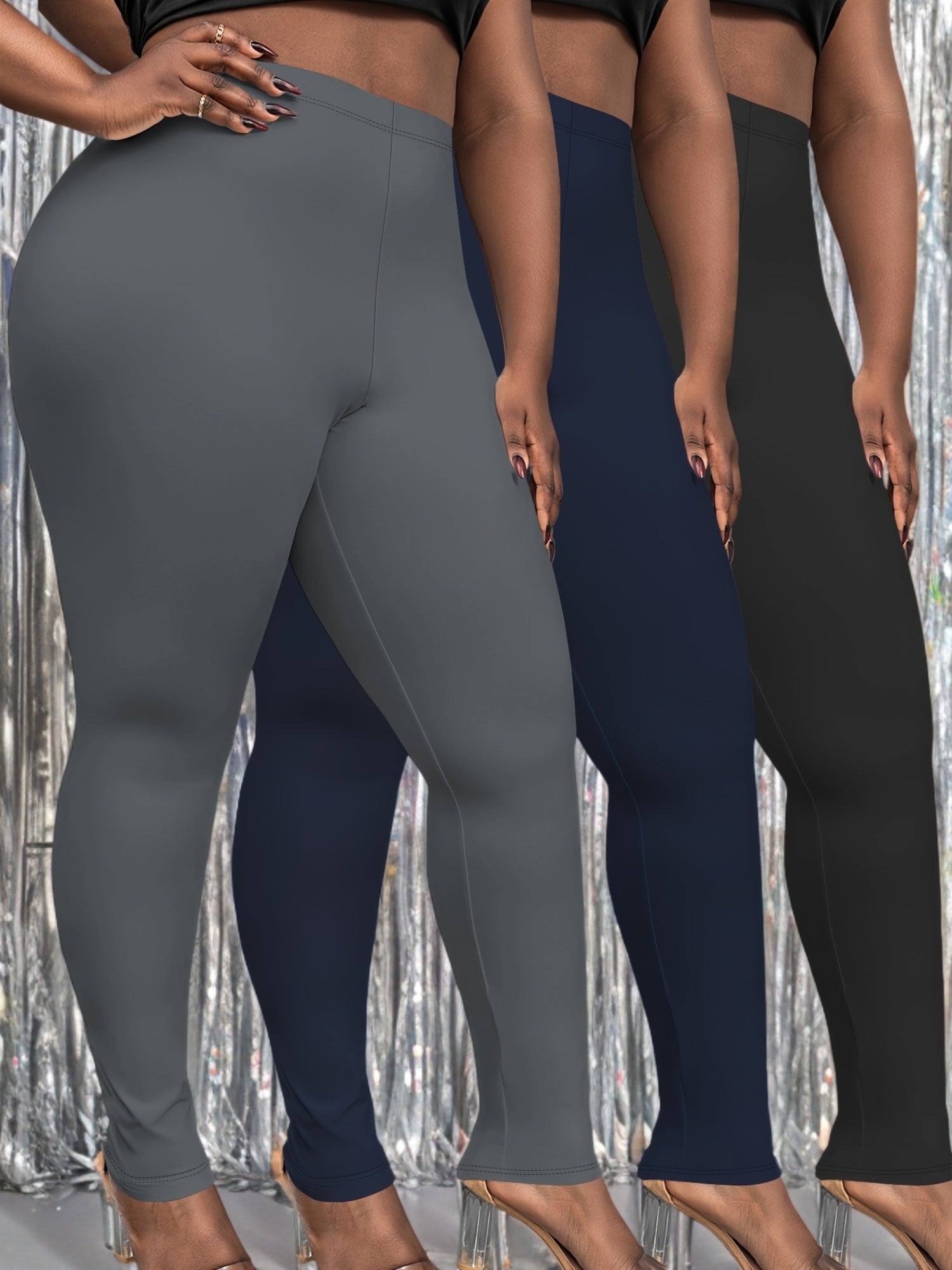 Plus Size Cropped Leggings 3-Pack High Stretch Knit Black Solid Skinny Pants