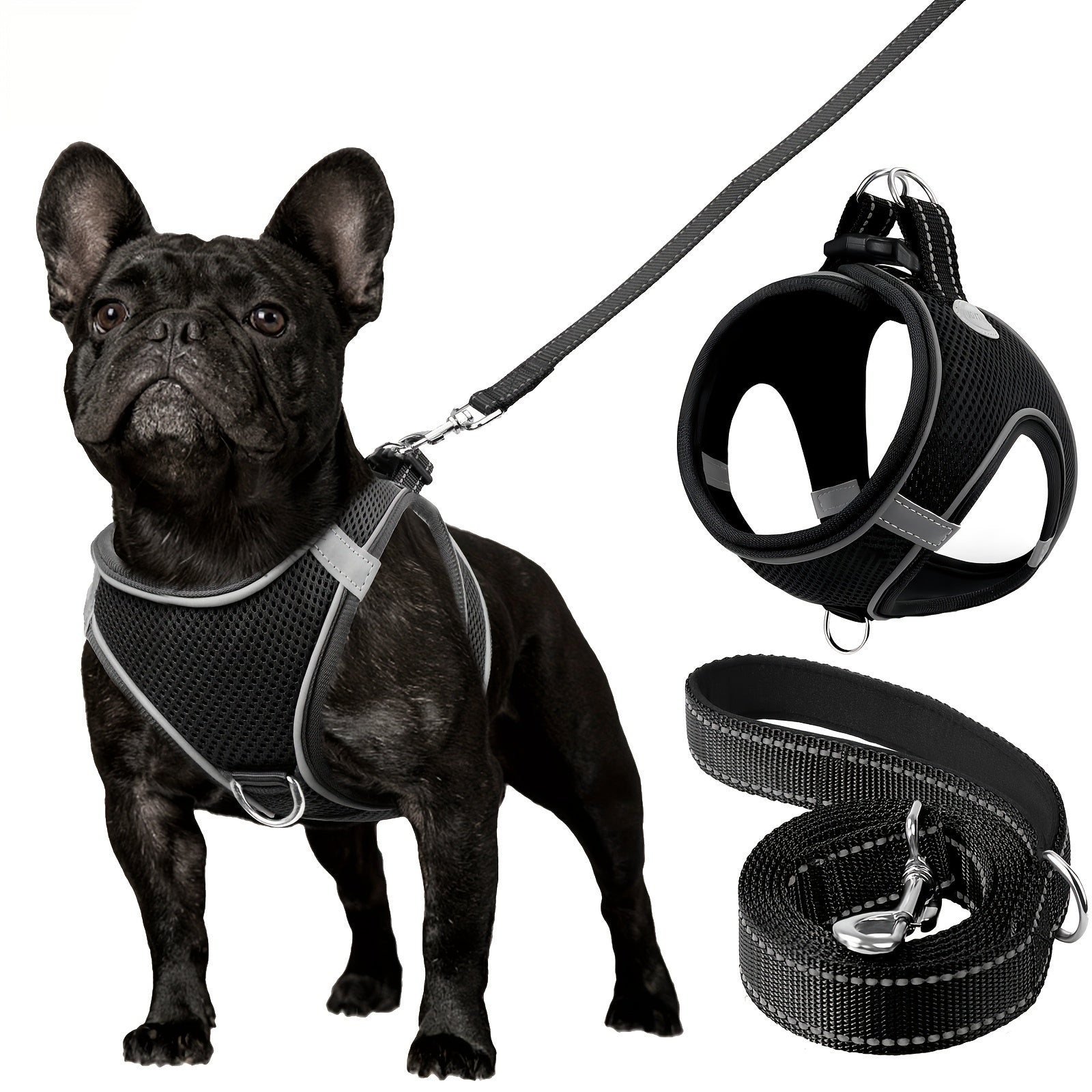 Reflective Dog Harness and Leash Set for Small to Medium Breeds Mesh Padded Nylon No-Choke Safety
