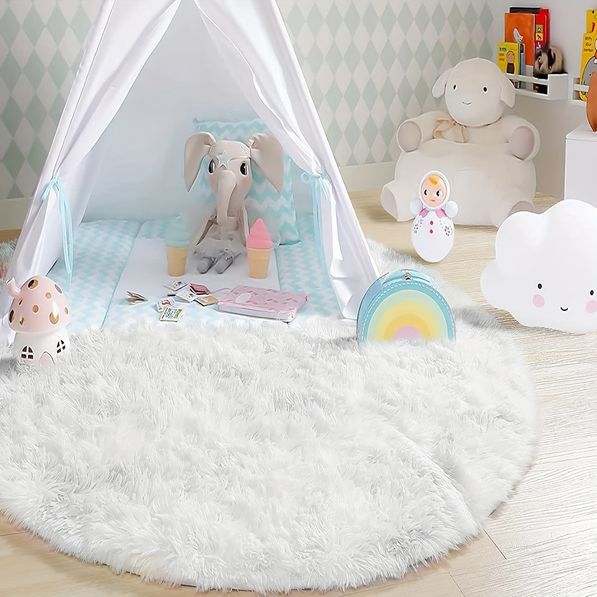 Pure White Silk Circular Rug, Soft Non-Slip Polyester Mat for Living Room Bedroom Yoga