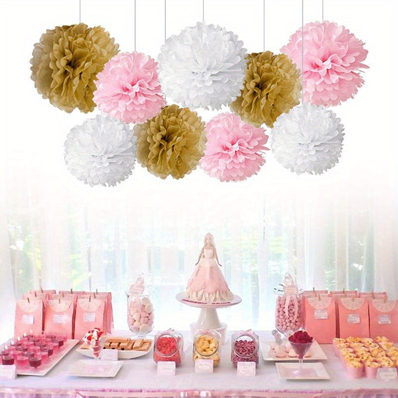 Set of 9 Paper Pom Pom Flowers for Party Decorations Events