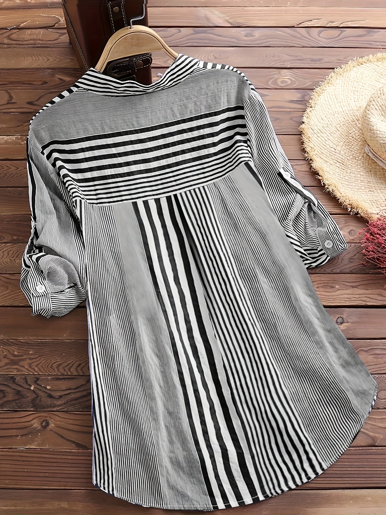 Plus Size Women's Striped Casual Blouse Button Up Roll Sleeve Top