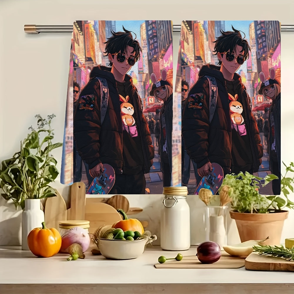 Set of 2 Anime Boy Skateboarding Kitchen Towels 16x24 Inches Absorbent