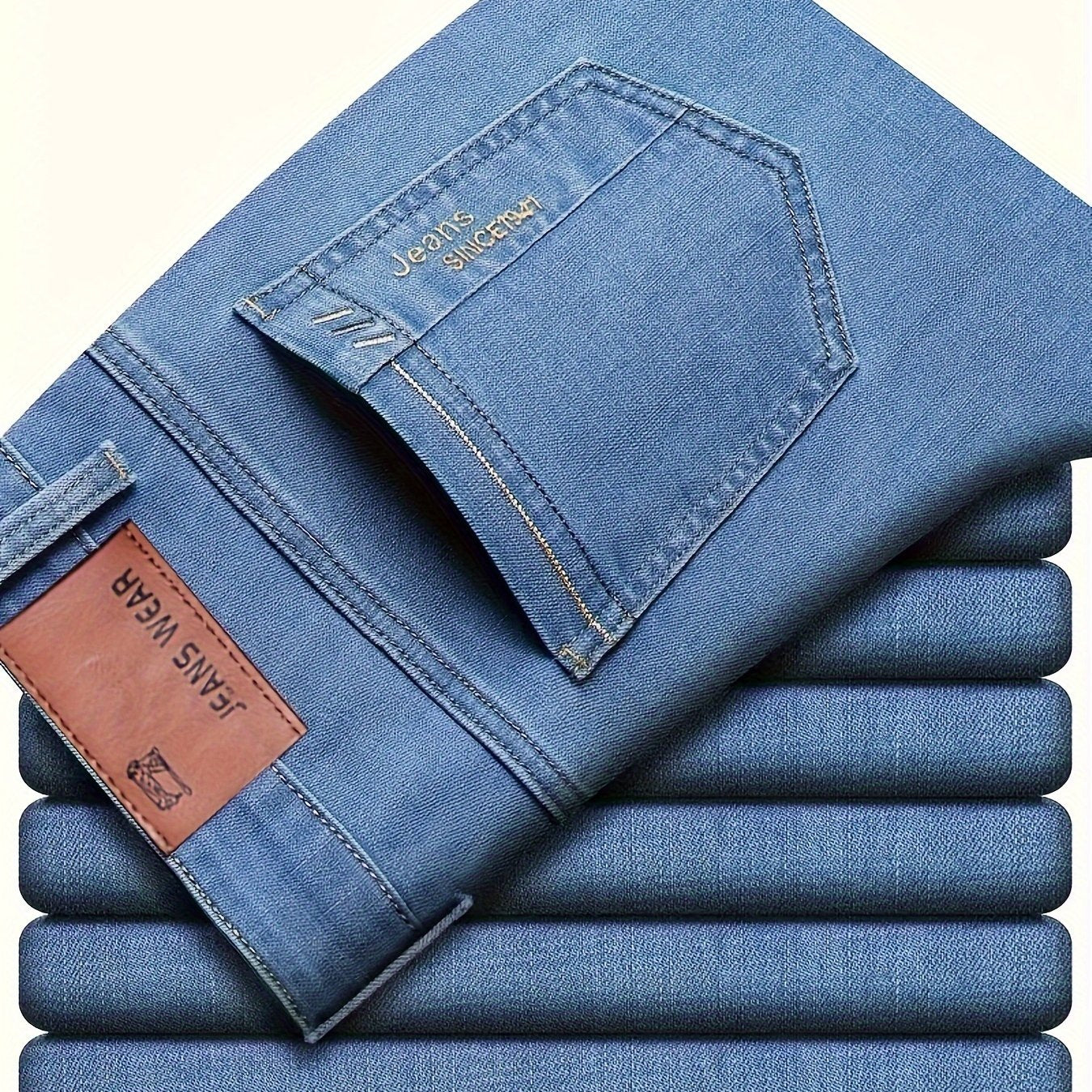 Men's Light Blue Denim Jeans with Slight Stretch, Straight Leg, Casual and Outdoor Wear