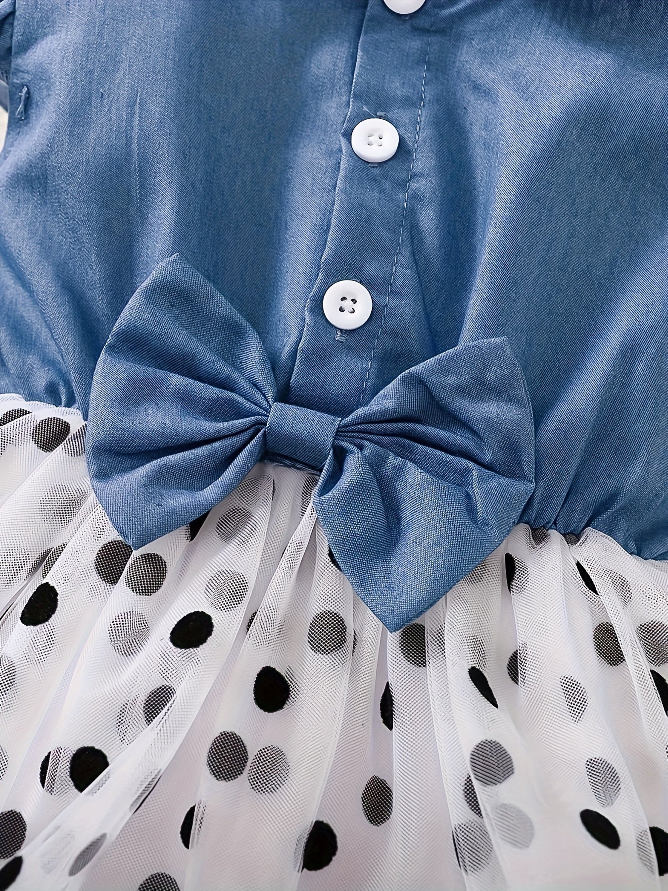 Girls Summer Cotton Dress with Polka Dots and Imitation Denim Print