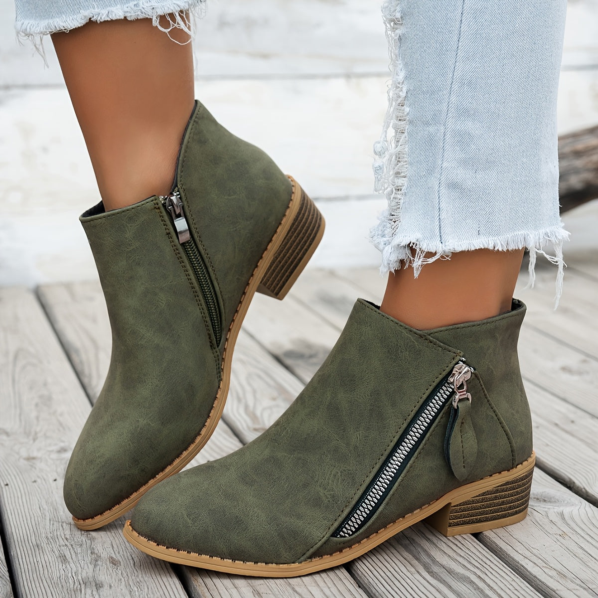 Women's Ankle Boots Pointed Toe Faux Leather Side Zipper All-Season Brown