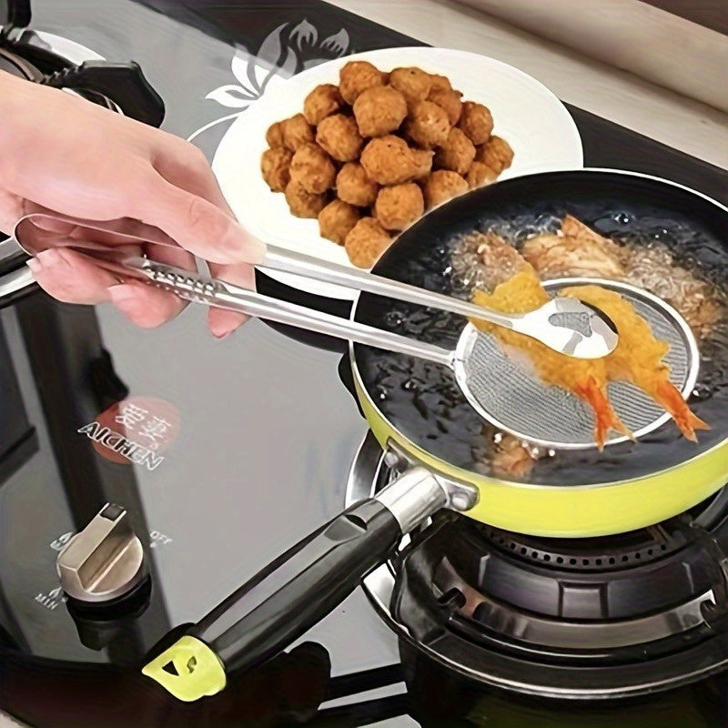 Juego de pinzas para freír y colador de acero inoxidable, resistentes al calor, plegables, reducción de goteo de aceite
