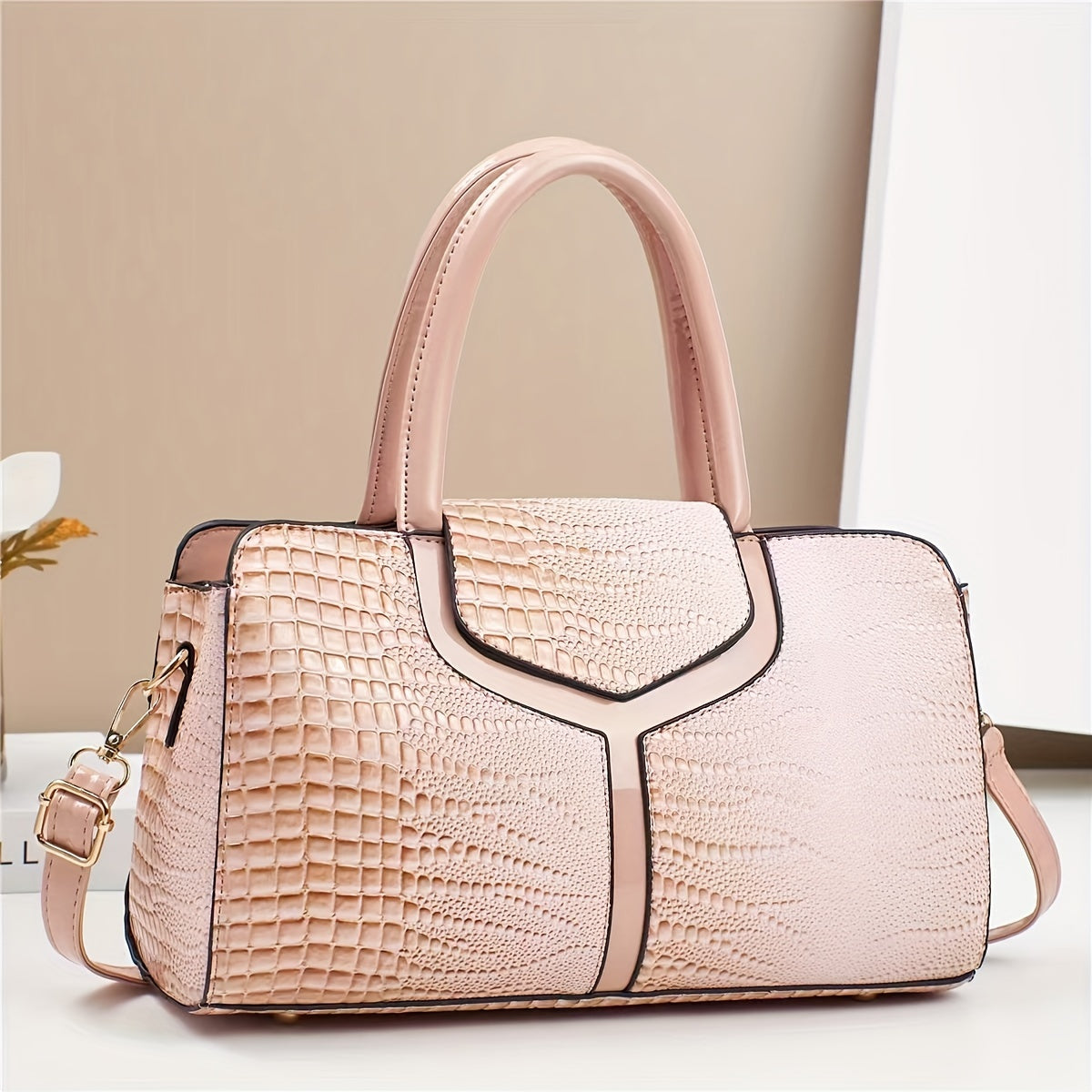 Women's Crocodile Pattern Leather Handbag with Adjustable Strap and Zipper Closure
