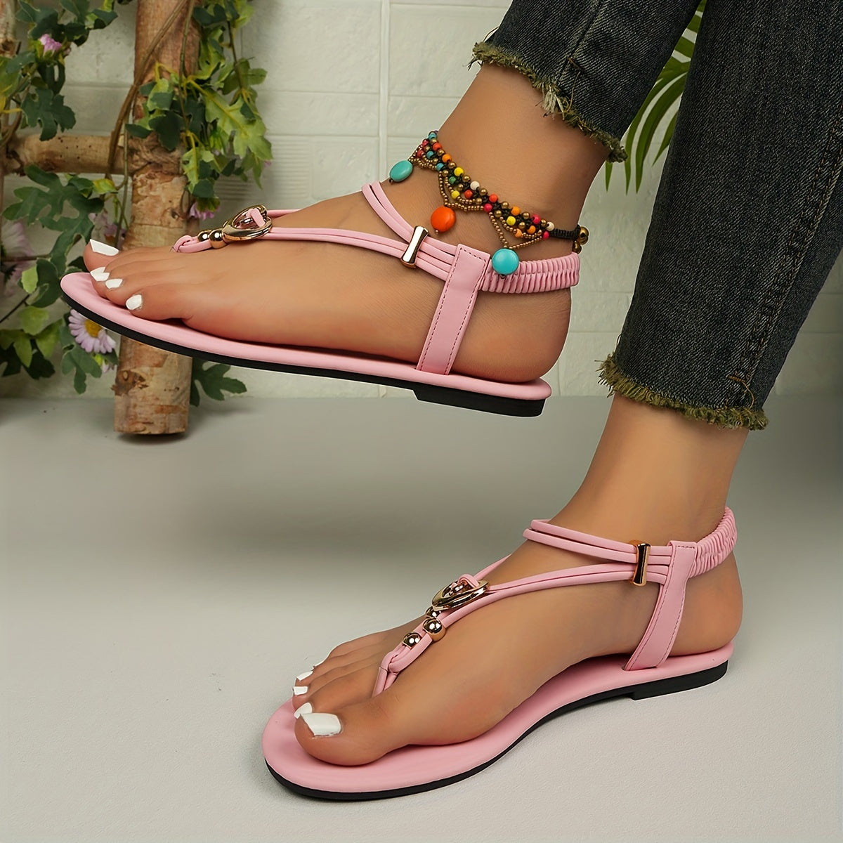 Women's Boho Flat Sandals Elastic Strap Slip-On Casual Beach Shoes