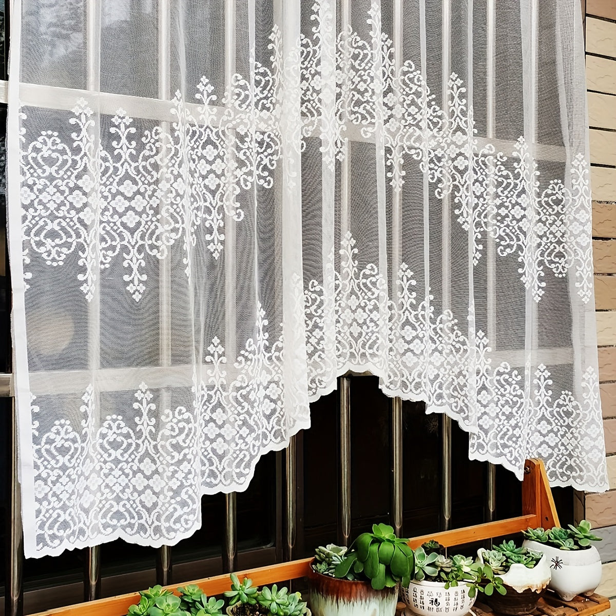 White Lace Cafe Style Curtains with Geometric Wavy Pattern for Living Room Bedroom Kitchen Set of 1