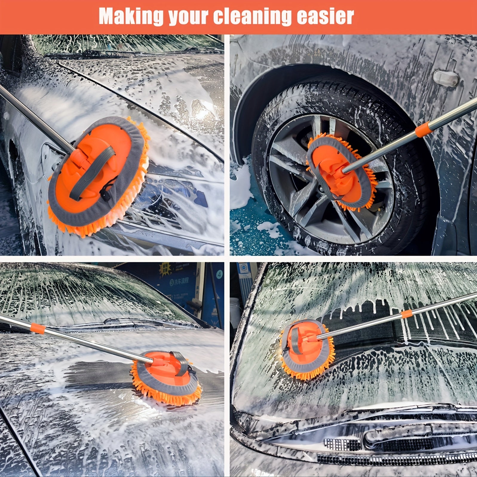 120.65cm Microfiber Car Wash Brush Set Long Handle 2-in-1 for Cars Trucks SUVs Boats