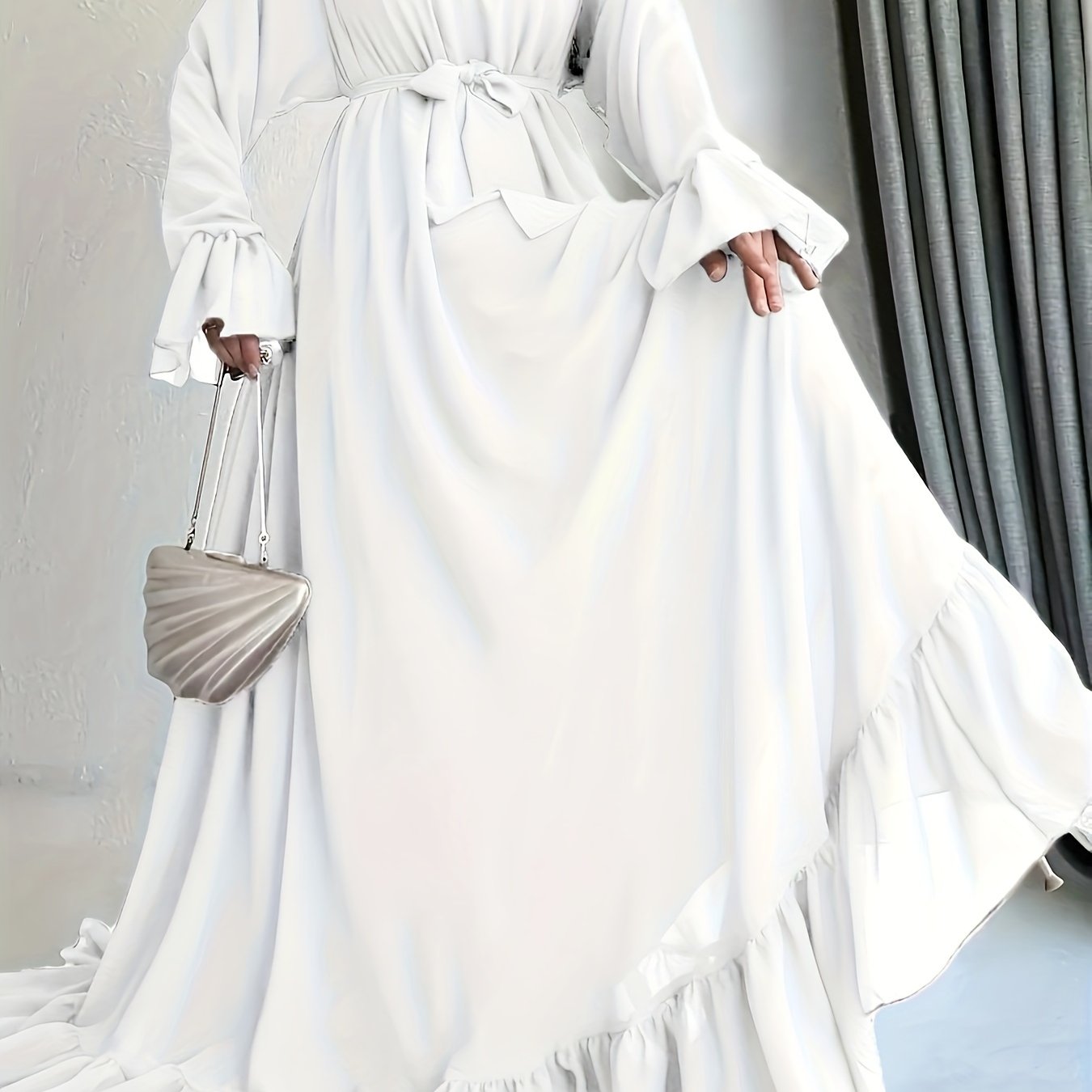 Solid Color Dress with Belted Ruffle Hem Long Sleeve Mock Neck for Spring and Fall