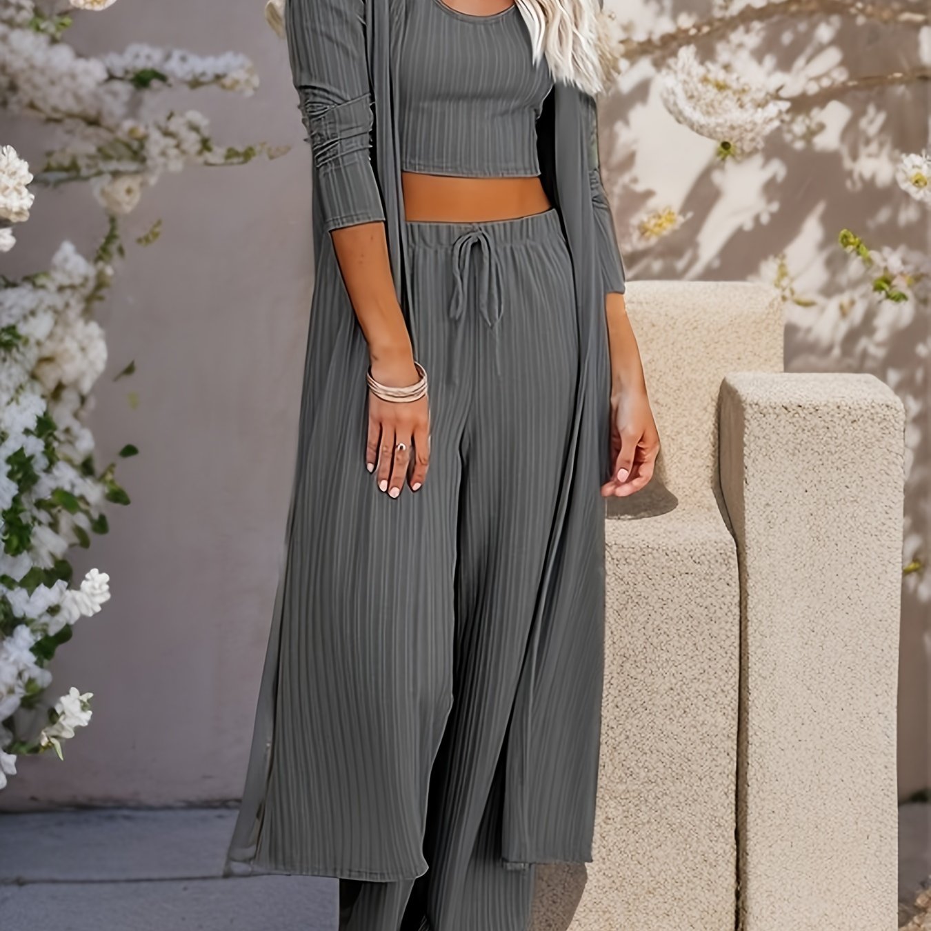 Women's Long Sleeve Solid Color Knit Pajama Set with Faux Drawstring for All Seasons