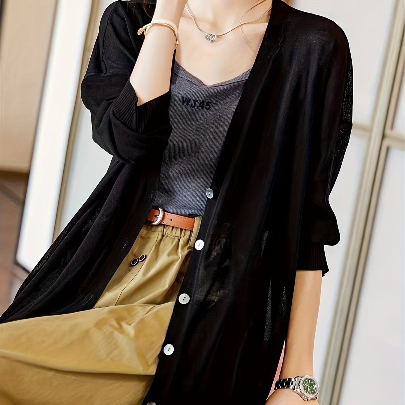 Plus Size Women's V-Neck Cardigan Lightweight Beige Open Front Sweater