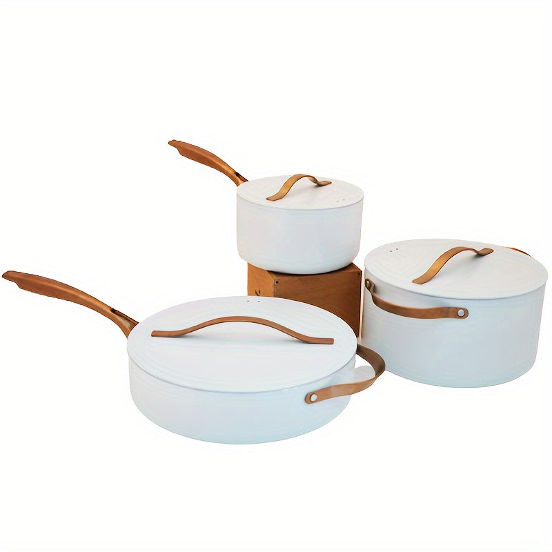 Three-Piece Non-Stick Cookware Set with Swiss Flag Coating Includes 24cm Soup Pot 18cm Milk Pot and 28cm Frying Pan