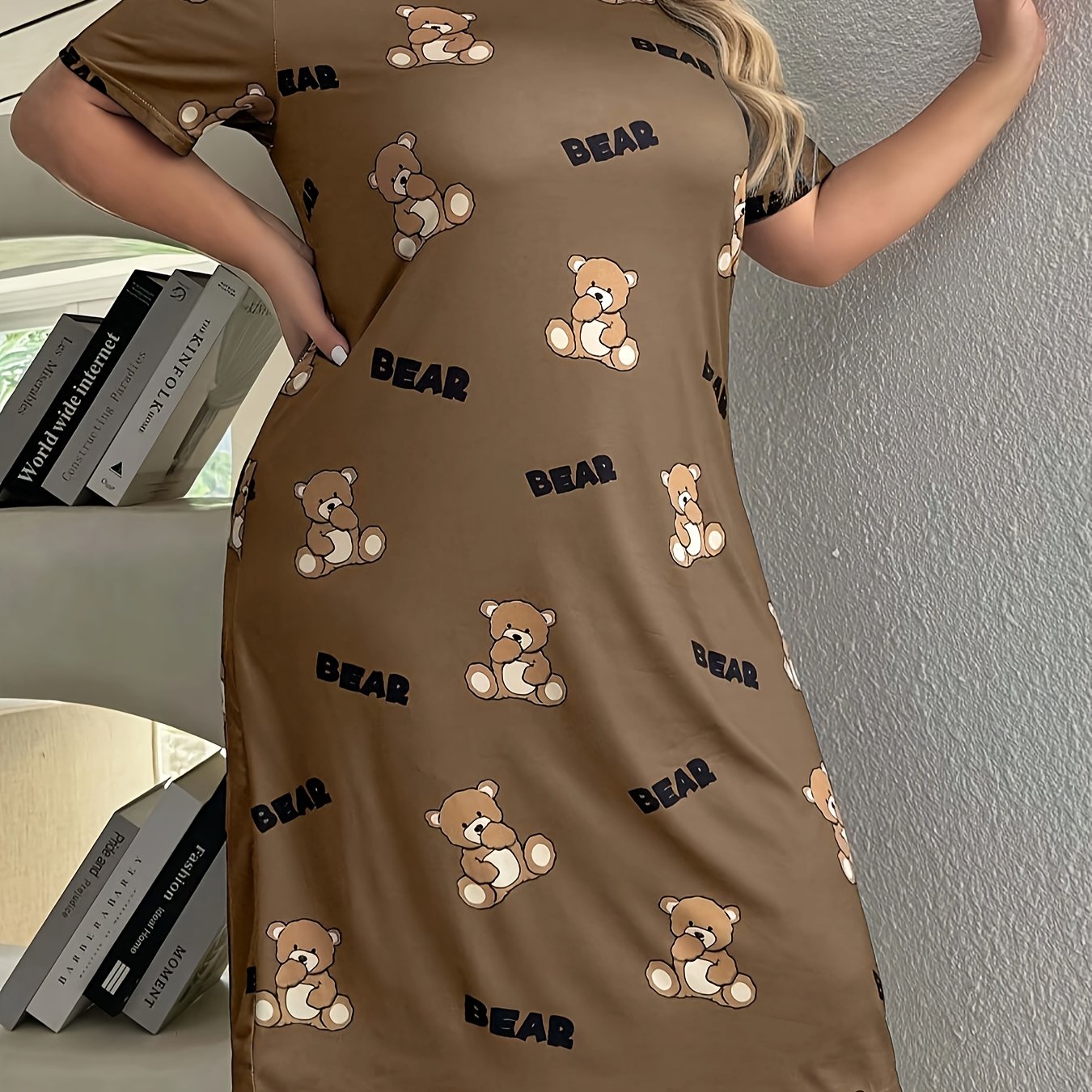 Plus Size Women's Sleep Dress Teddy Bear Letter Print Short Sleeve Nightdress