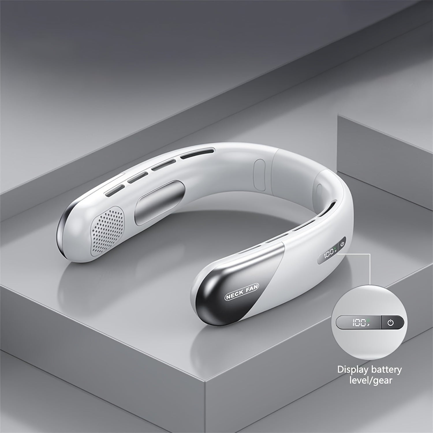 Noiseless Neck Fan with LED Screen, 5-Speed, Rechargeable, Portable for Outdoor and Travel