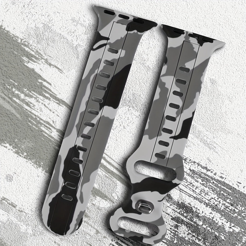 Ko'p rangli kamuflyaj silikondan yasalgan sport tasmasi IWatch Series 9-1 SE uchun, suv o'tkazmaydigan, terga chidamli, qulay, mustahkam, metall sozlash teshigi bilan, kapalak dumiga o'xshash dizayn.