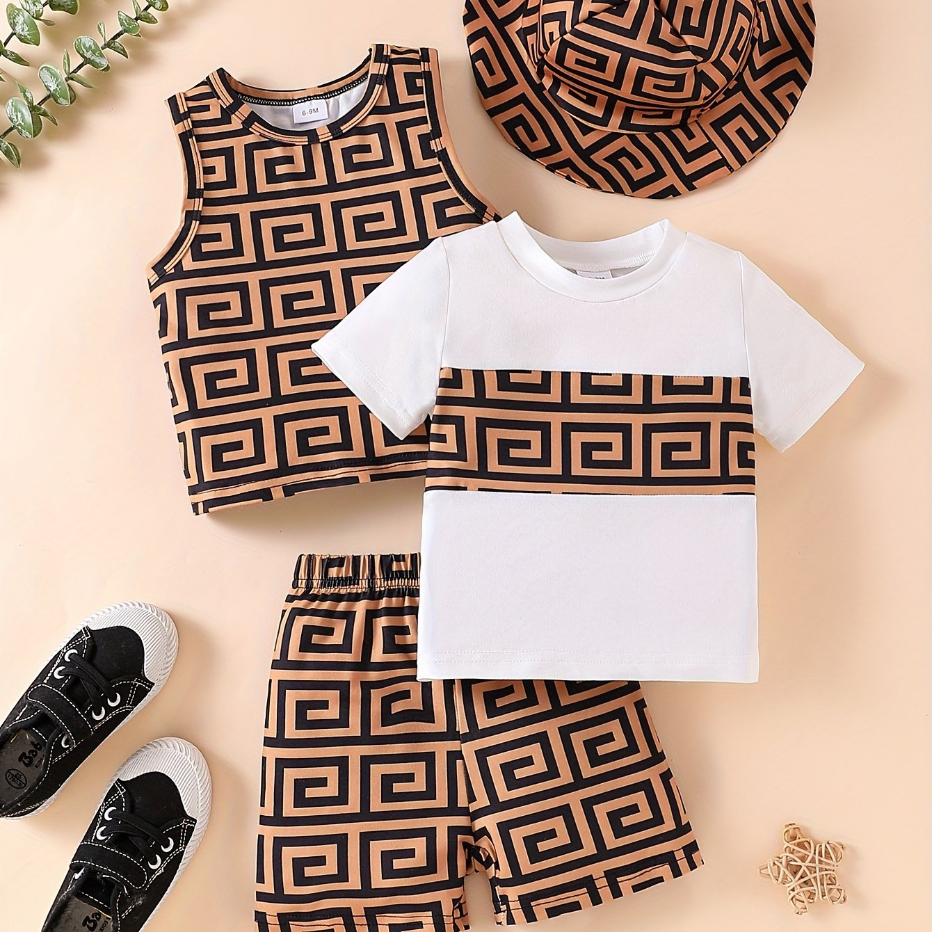 Yigitlar yozgi to'plami 4-chiqishli geometrik bosma kundalik bolalar kiyimlari 0-3 yosh