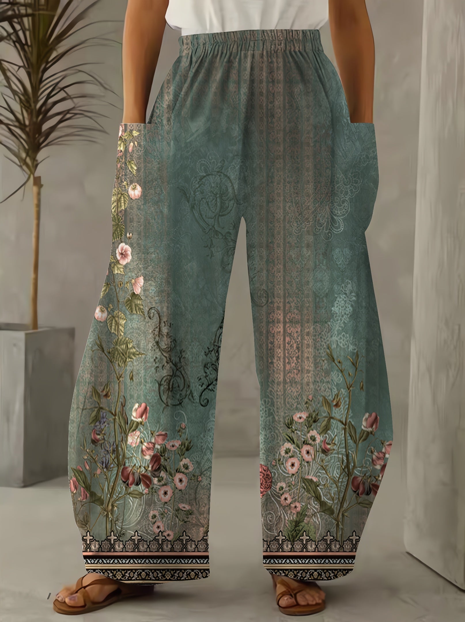 Pantalones de mujer de talla grande con piernas anchas y estampado floral con bolsillos