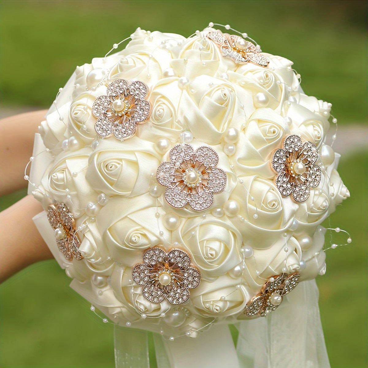 Artificial Bridal Wedding Bouquet with Rhinestone Brooch and Pearls