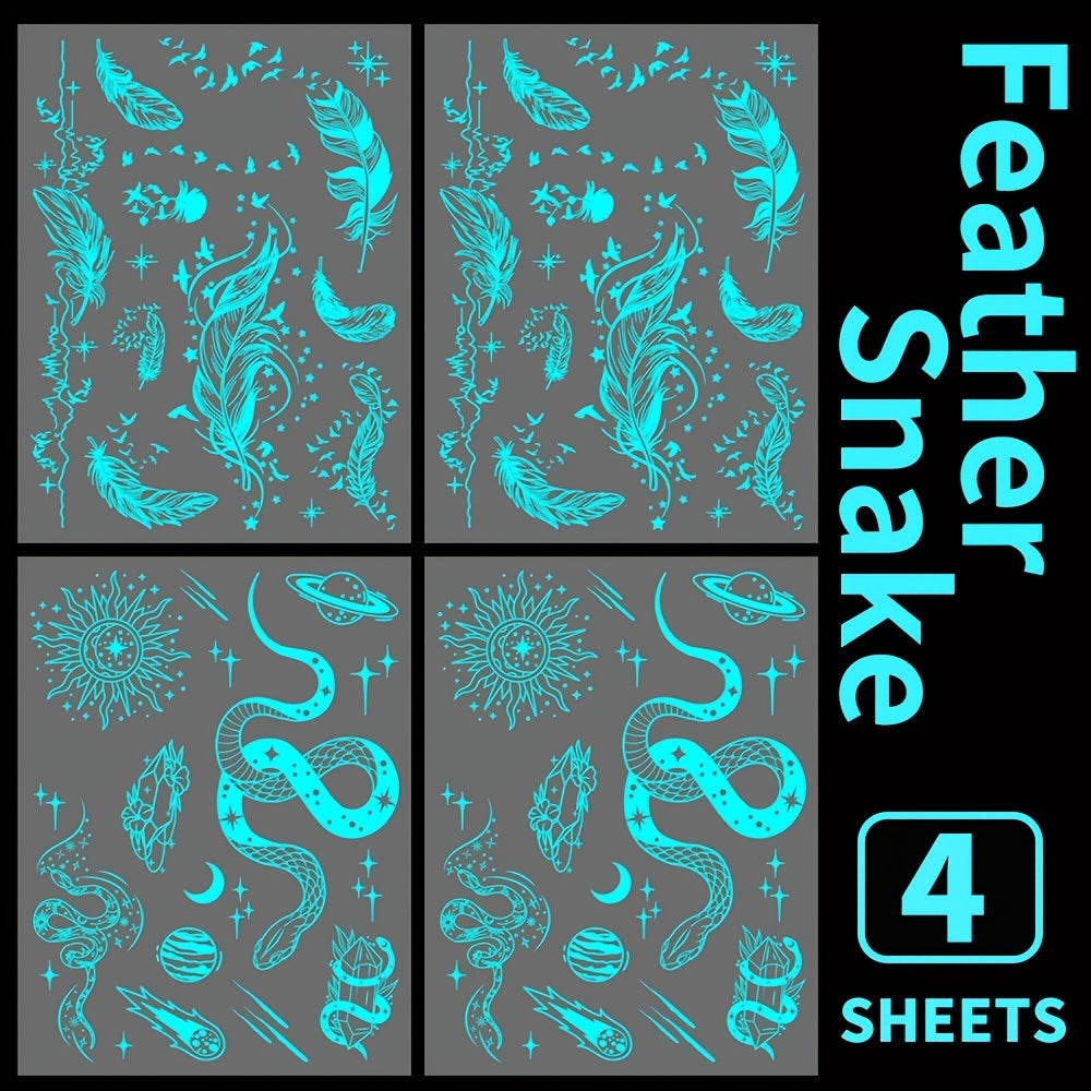 Blue Luminous Feather and Snake Tattoo Stickers for Women and Girls Glow in Dark Fake Body Art