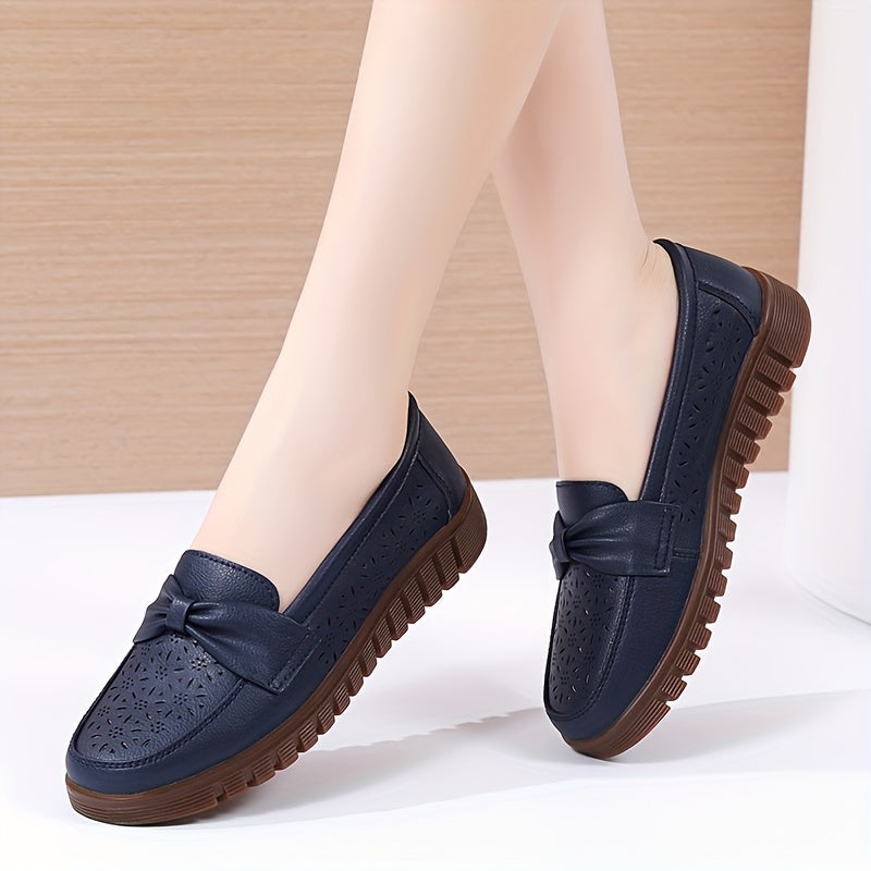 Women's Breathable Closed Toe Flat Shoes with Hollow Out Design and Bow