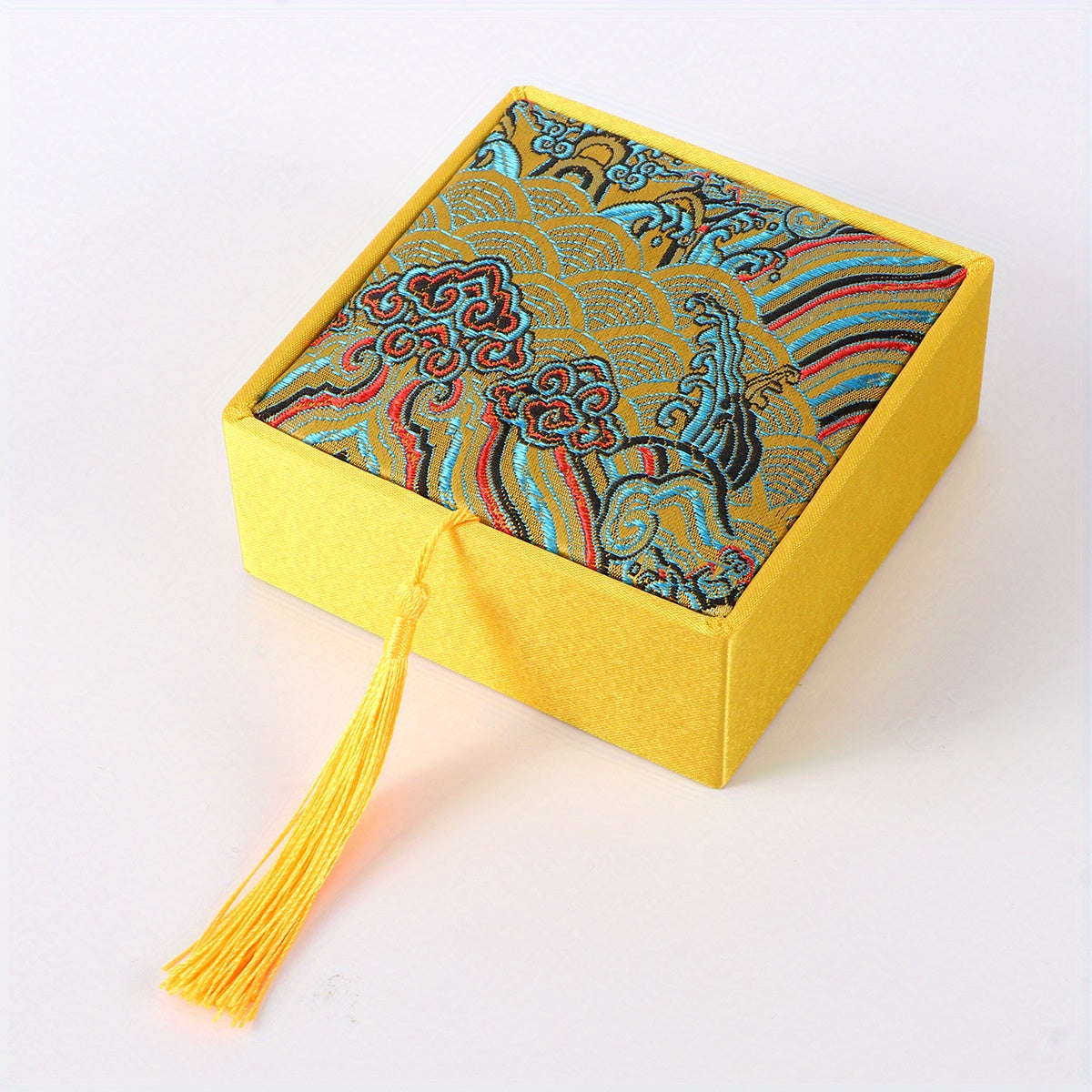 Chinese Style Storage Box with Tassel and Ancient Poetry Fabric Brocade for Jewelry Organizer