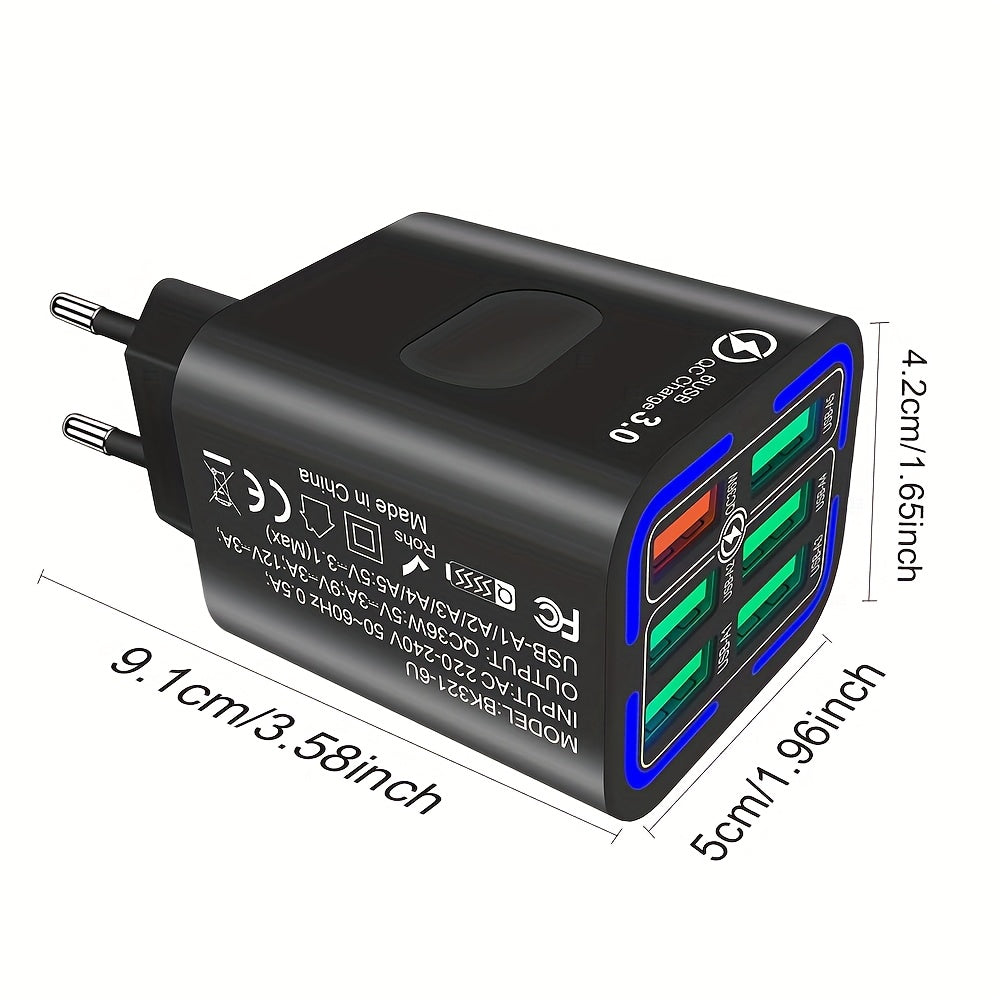 6-Port USB Wall Charger 36W QC3.0 Fast Charging European Plug for iPhone Samsung