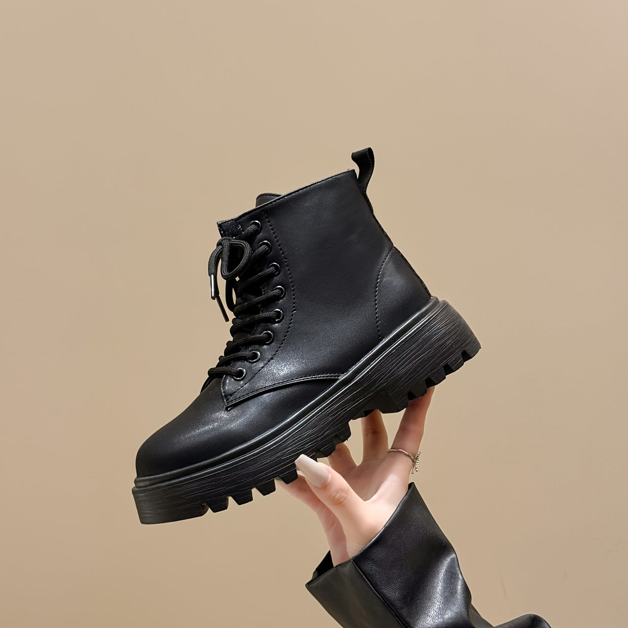 Women's Black Platform Ankle Boots with Zipper, Lace-Up, Chunky Sole