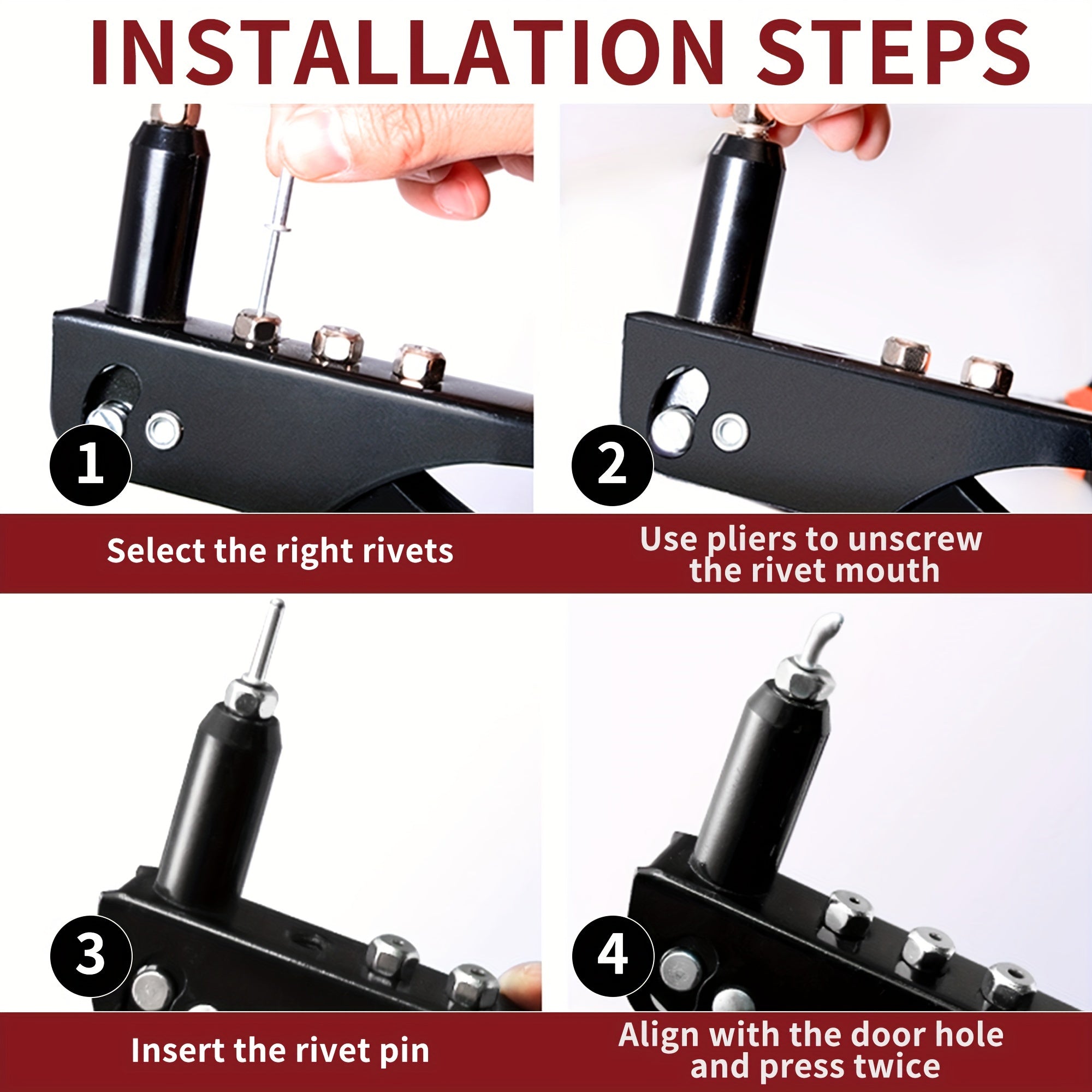 Тяжелый ручной заклепочник с 4 насадками и 120 заклепками для металла, пластика, кожи