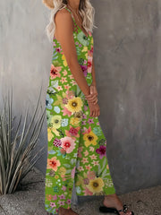 Plus Size Women's Floral Wide-Leg Jumpsuit with Pockets for Summer Vacation