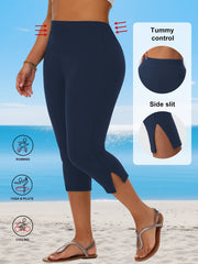 Plus Size Women's Stretchy Capri Pants with Side Slit Solid Color Breathable Fabric