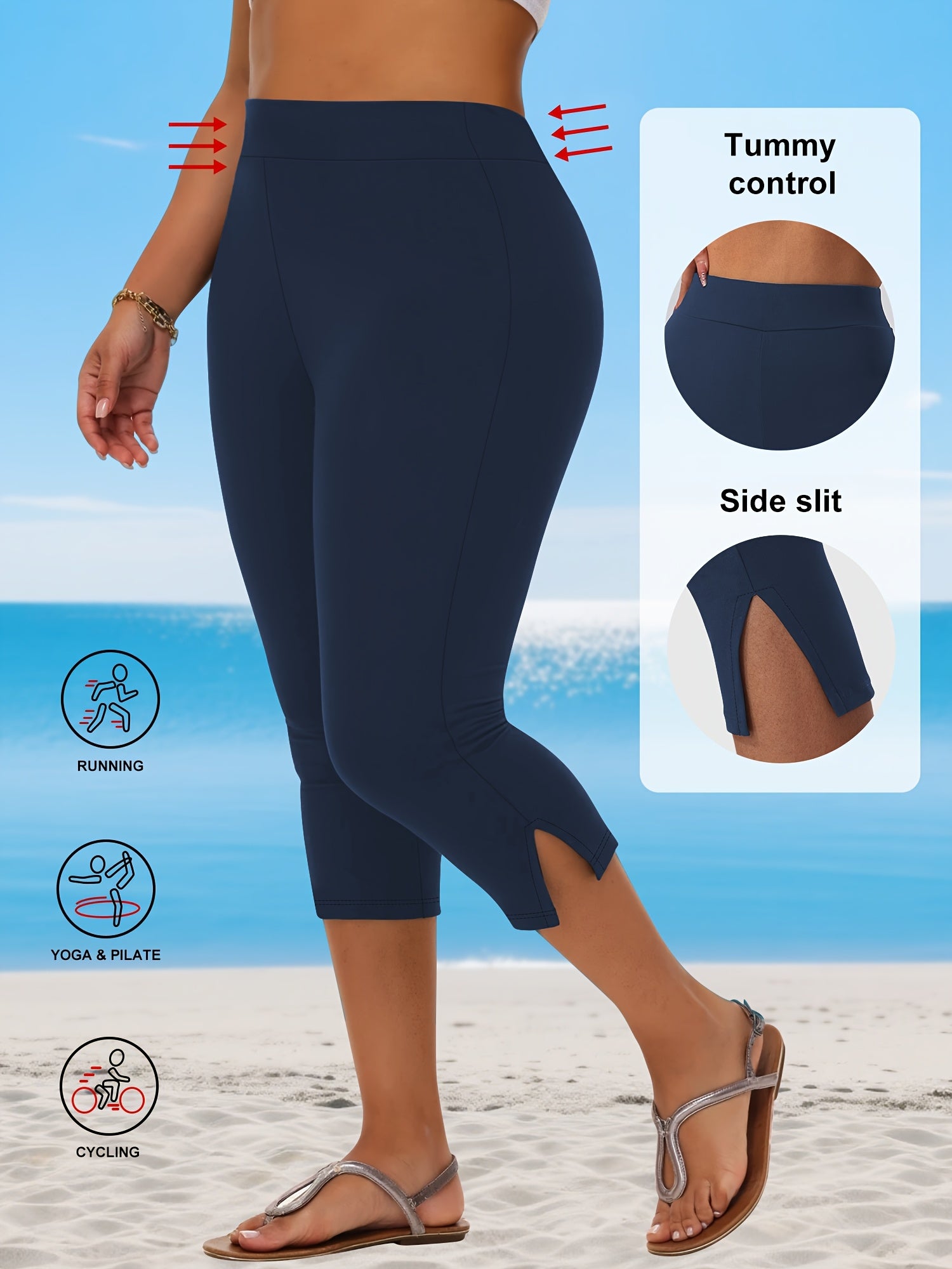 Plus Size Women's Stretchy Capri Pants with Side Slit Solid Color Breathable Fabric