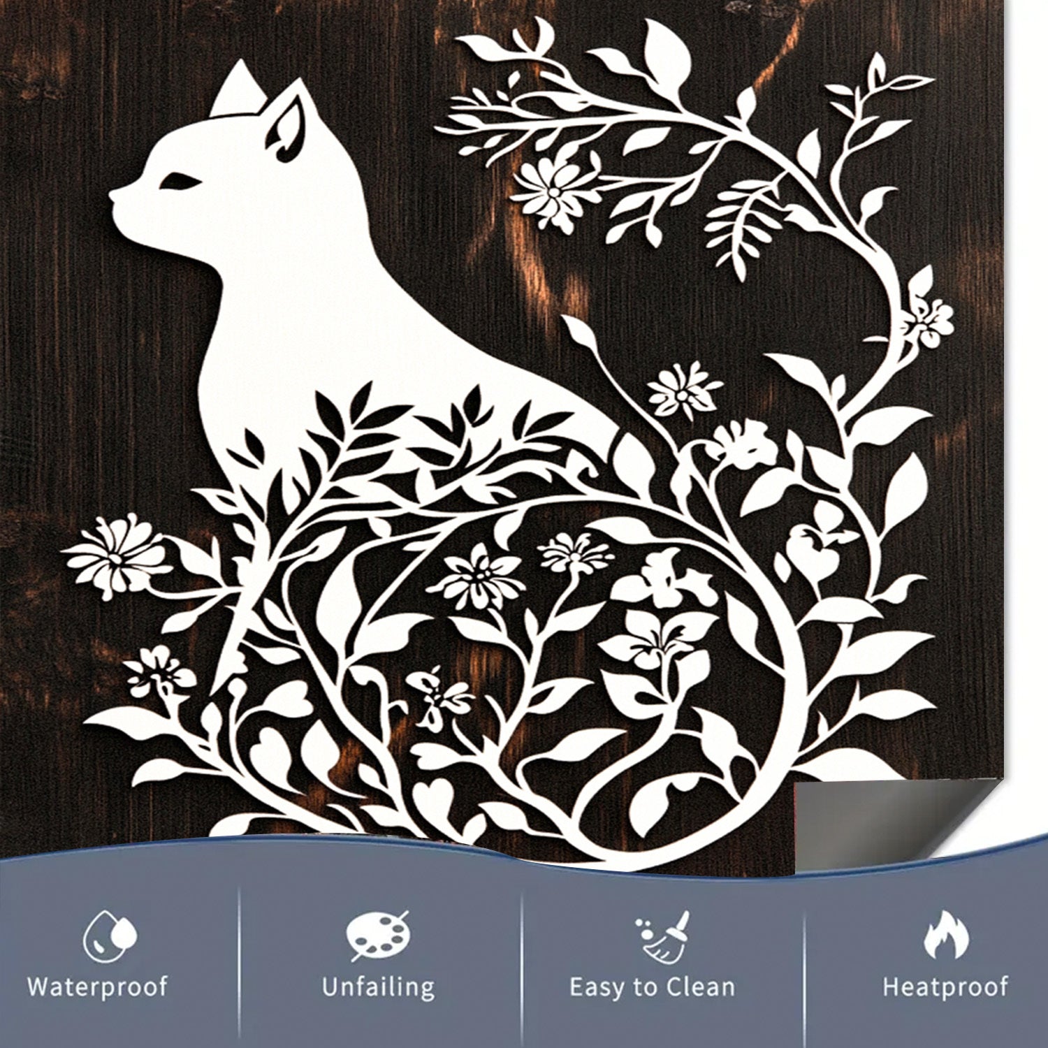 Silhouette Floral Cat Dishwasher Magnet Cover Waterproof Heat-Resistant Black Wood Design